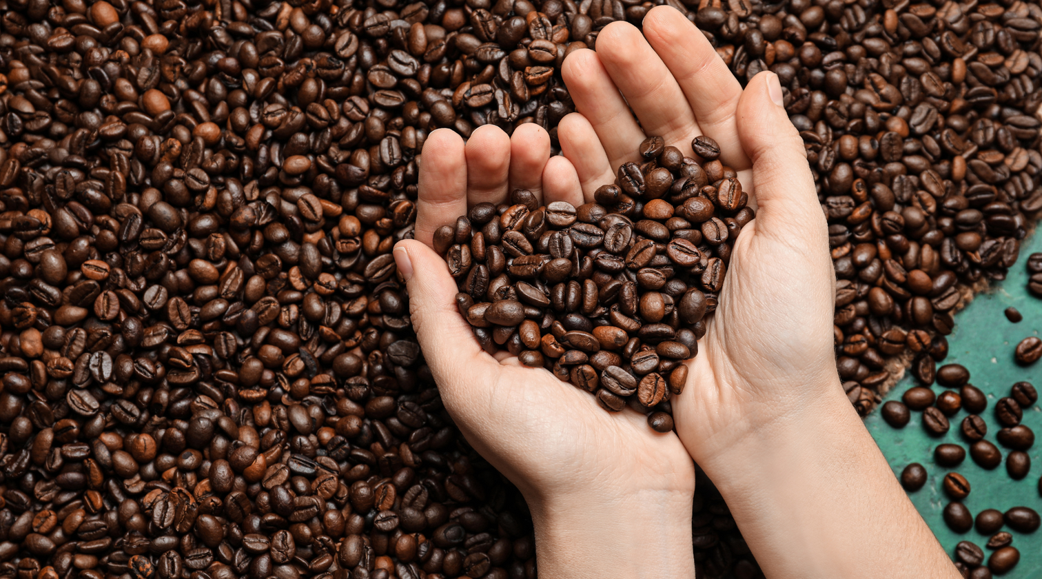 two hands hold coffee beans in the shape of a heart