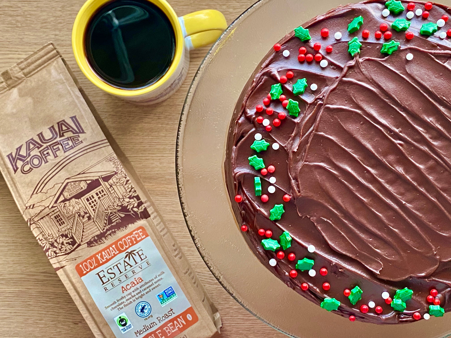 chocolate ganache cake and acaia coffee bag