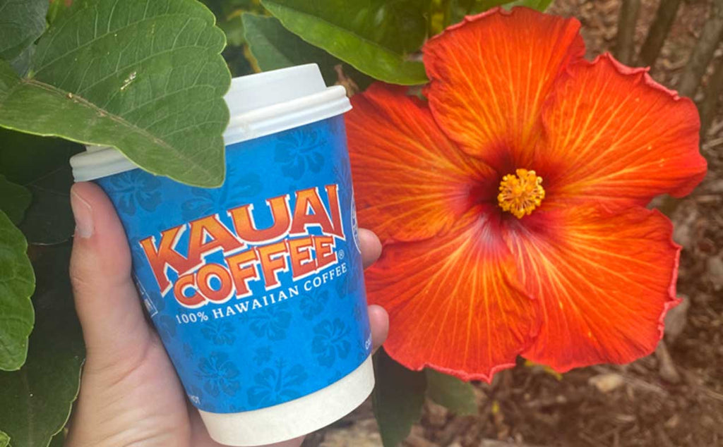 blue kauai coffee to go cup and a bright red hibiscus flower