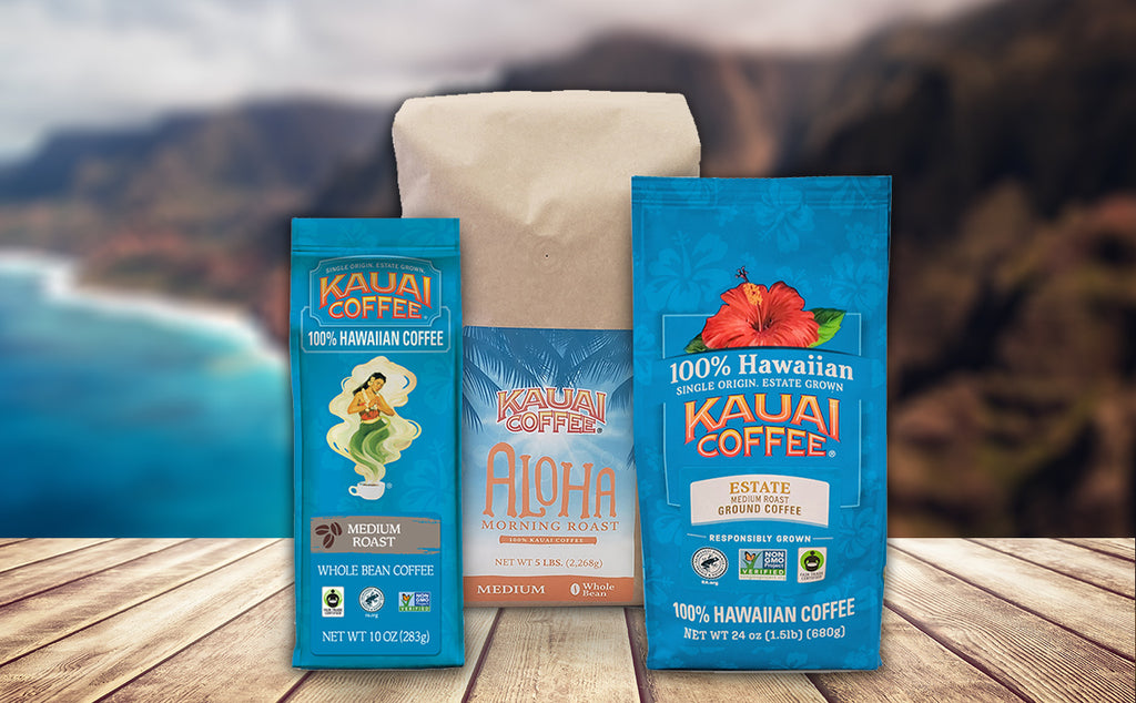 kauai coffee new packaging with the Fair Trade, Rainforest Alliance and Non GMO project seals, rainforest alliance banner